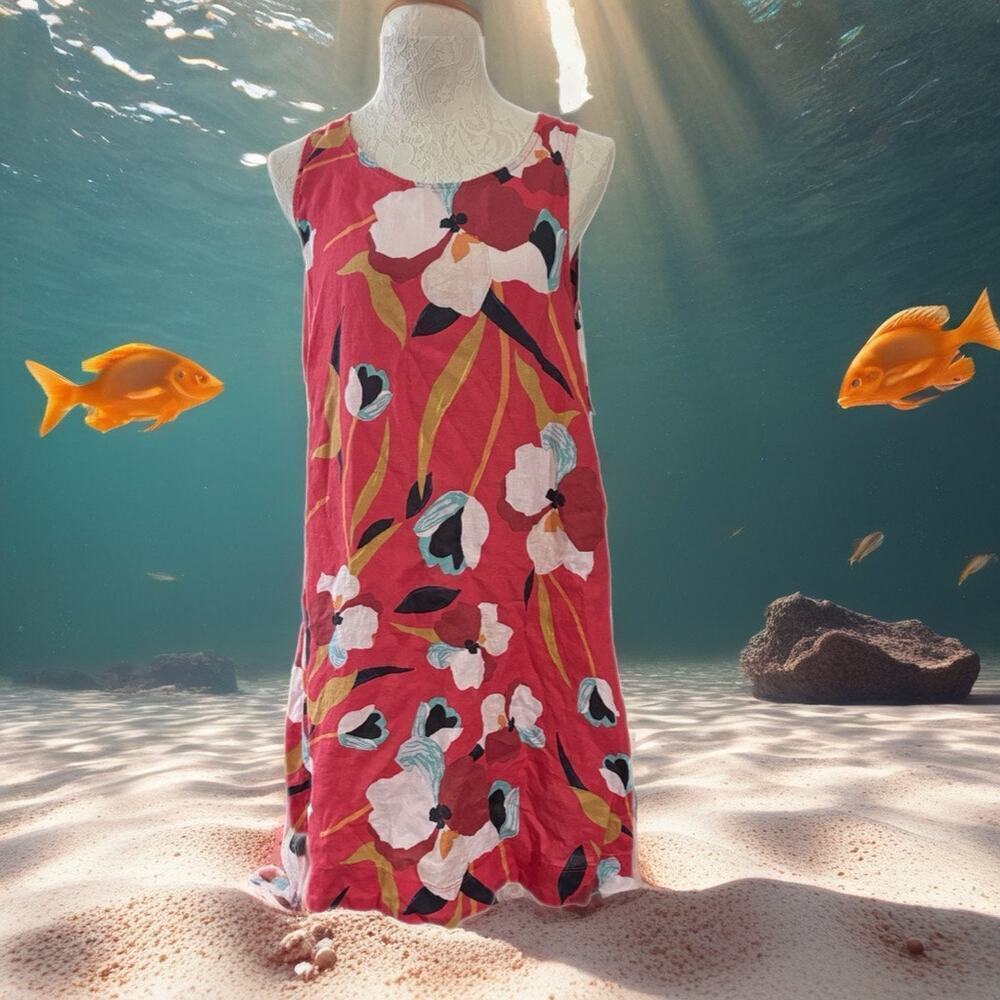 Sigrid Olsen Red Floral Linen Shift Dress Medium quiet luxury all over print